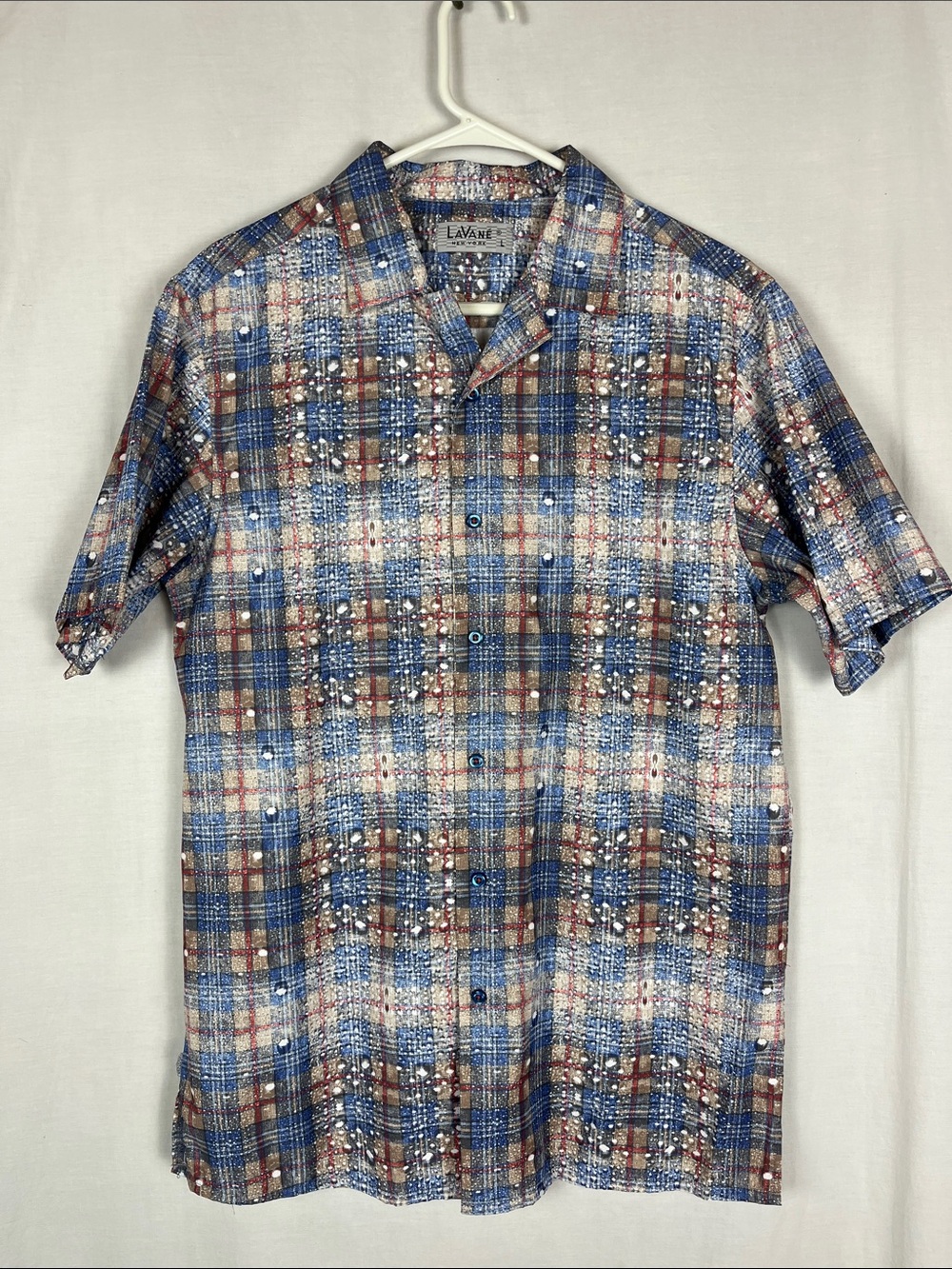NWOT LaVane Blue and Brown Plaid Short Sleeve Button Up Shirt